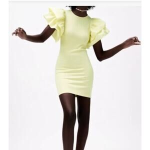 Zara Butter Yellow Puff Voluminous Ruffle Poplin Sleeve Bodycon Mini Dress Sz. M